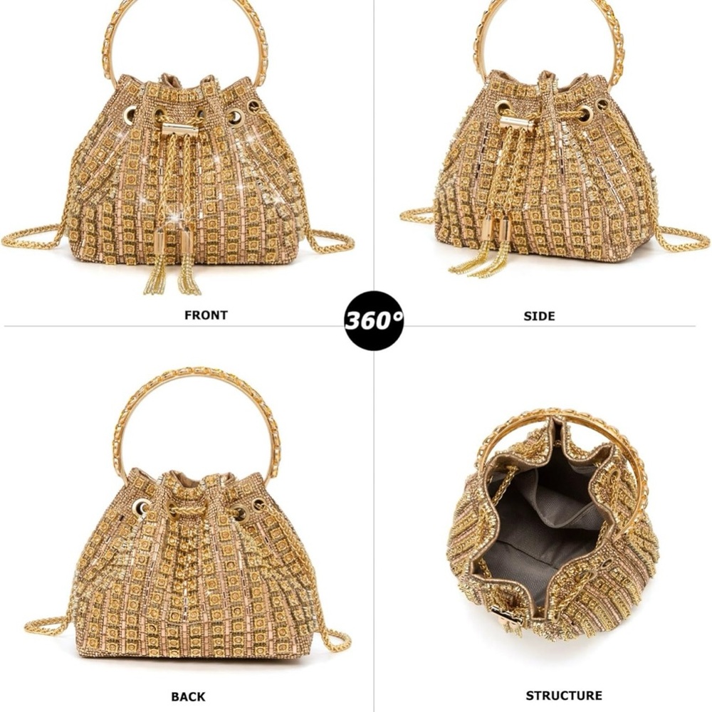 Sparkly Diamond Rhinestone Bucket Bag – Champagne Gold Evening Glam SBL Gold ❤️ - Picture 12 of 16